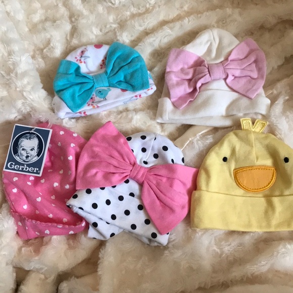 5 Piece Bundle Of Baby Girl Bow Beanie Cap Hats - Picture 1 of 6